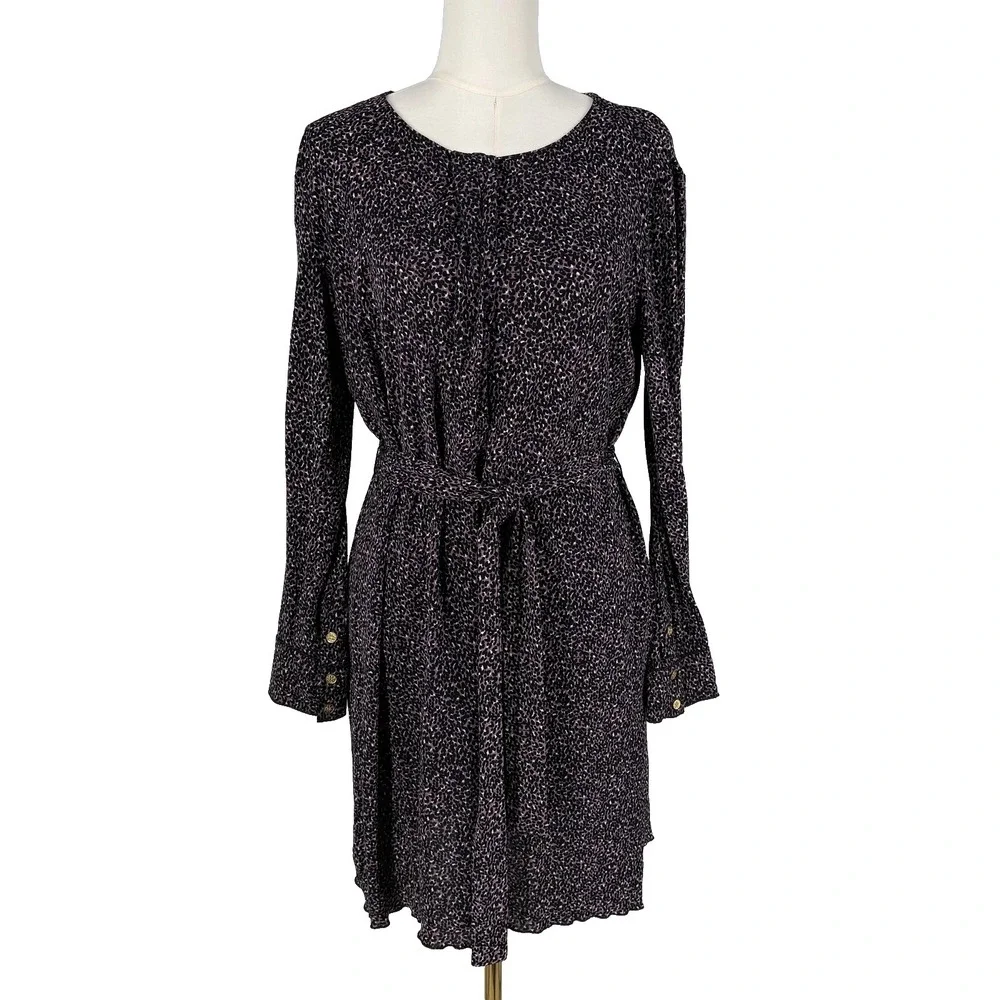 Tory Burch Dress Womens Large Black Leopard Print Belted Long Sleeve Shift Short